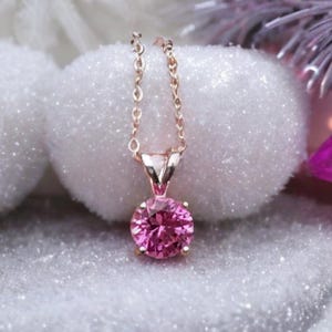 Lab Pink Sapphire Necklace: 8mm Round Sterling Silver Solitaire Pendant