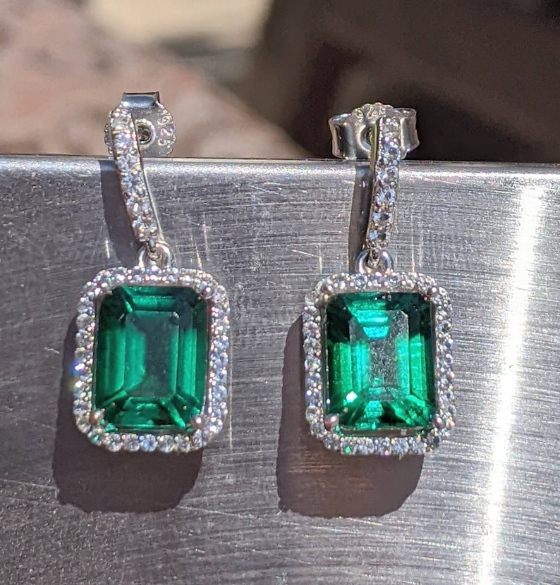 Real Emerald Earrings With Halo For Womens Birthday Gift 9x7mm 2.60ct Emerald Cut hydrothermal Emerald Drop Earrings Sterling Bridal Gift image 3