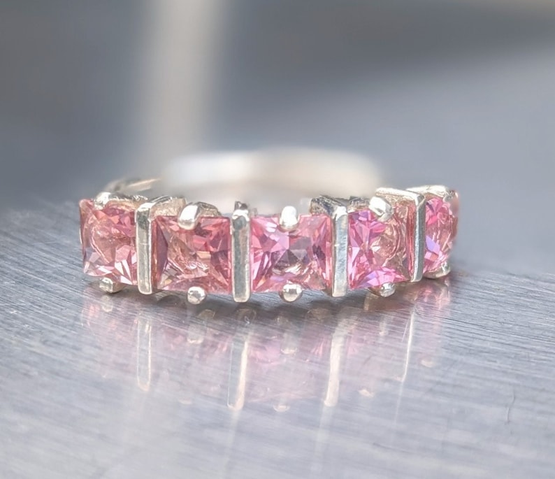 Natural Pink Tourmaline Ring Mother's Style 4mm Ring Princess Cut Infinity Band Genuine Tourmaline Ring For Womens Birthday Gift October image 1