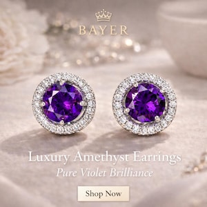 February Birthstone Amethyst Stud Earrings | Diamond Halo Purple Gemstone Silver Earrings | Birthday Gift for Her
