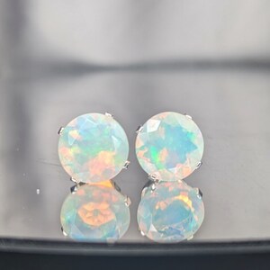 Natural Ethiopian White Fire Opal Stud Earrings 8mm Genuine Gemstone, Handcrafted Minimalist Jewelry Gift for Her Birthday, Christmas Gift image 2