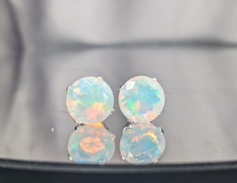 Natural Ethiopian White Fire Opal Stud Earrings 8mm Genuine Gemstone, Handcrafted Minimalist Jewelry Gift for Her Birthday, Christmas Gift image 2