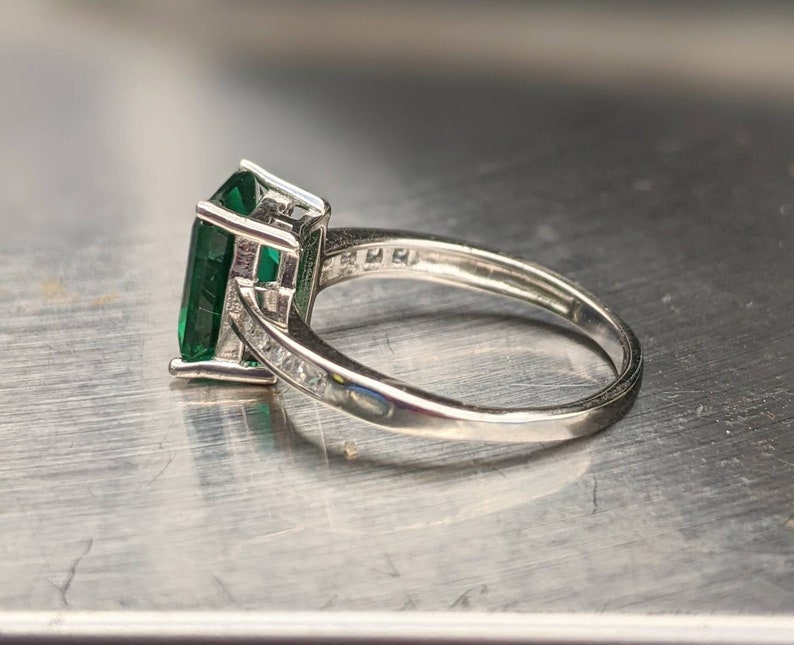 Zambian Emerald Ring 8x6mm 2.60ct Emerald Cut Vintage Dark Emerald Engagement Ring With Paved Band For Women's Birthday Gift Bridal Gift image 6