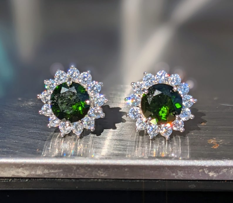 Natural Chrome Diopside Stud Earrings With Halo 7mm Round Cut Sparkling Chrome Diopside Studs For Her Birthday Valentines Gift Genuine Gem image 1