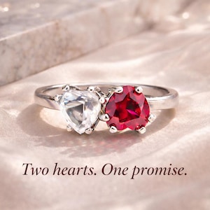 Antique Two Heart Stone Ring – White Sapphire & Upside-Down Ruby Heart Ring, 6-Prong Silver Toi Et Moi Ring, Romantic Promise Anniversary