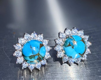 Genuine Turquoise Stud Earrings, 8mm Silver Studs with Copper Veins, Moissanite Halo Earrings, Handmade Gift Jewelry