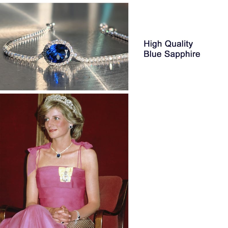 Royalty Replica Princess Diana Celebrity Inspired Real Blue Sapphire Bracelet With Halo 2.50ct Oval Cut Valentine Day Gift Lady Di Bracelet 画像 2