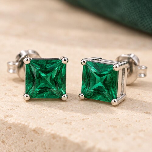 Emerald Stud Earrings, Princess-Cut Squares, 6–8mm, Silver or 14K Gold