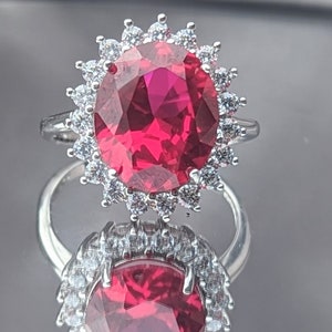 Hoge kwaliteit replica Eva Longoria Celebrity geïnspireerd Real Ruby AAA 5ct verlovingsring Halo 10x12mm ovaal geslepen damesring afbeelding 1