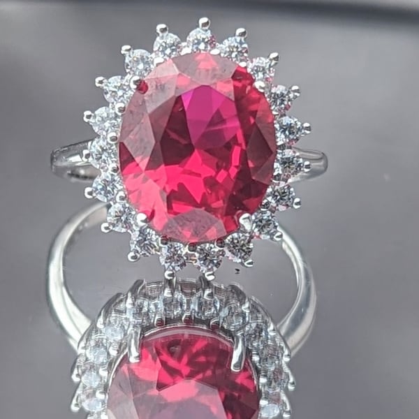 High Quality Replica Eva Longoria Celebrity Inspired Real Ruby AAA 5ct Engagement Ring Halo 10x12mm Oval Cut Women's Ring