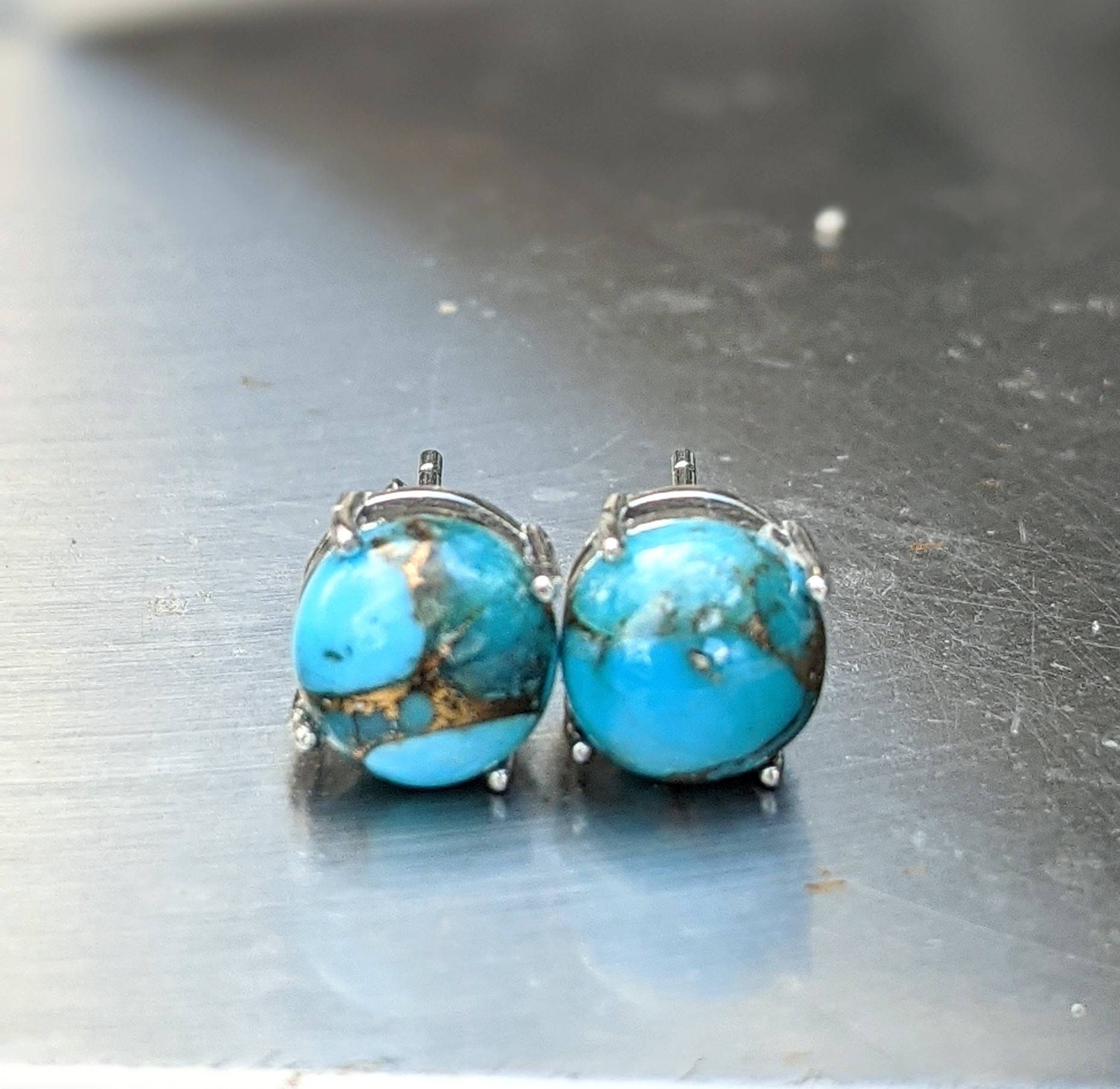 Genuine Turquoise Stud Earrings Sterling Silver 8mm Turquoise Etsy