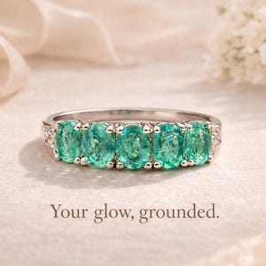 Antieke vijf stenen smaragdgroene bandring – natuurlijke groene smaragd stapelbare ring, geboortesteen sieraden mei, mei verjaardagscadeau voor haar, luxe cadeau