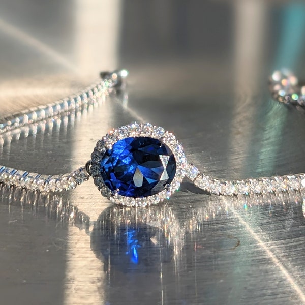 Royalty Replica Princess Diana Celebrity Inspired Real Blue Sapphire Bracelet With Halo 2.50ct Oval Cut Valentine Day Gift Lady Di Bracelet