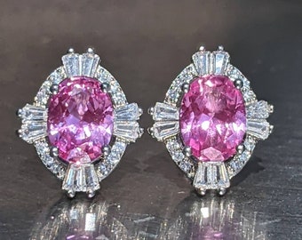 Pendientes de zafiro rosa real de 6x8 mm de corte ovalado con halo baguette de ley con zafiro rosa de 14 k para regalo de cumpleaños de mujer Regalo del día de la madre