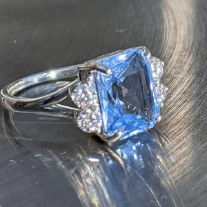 Real Aquamarine 4.80ct Ring With Moissanite Princess Diana Inspired Aquamarine Ring Emerald Cut Sterling Or Solid Gold For Her Anniversary image 6