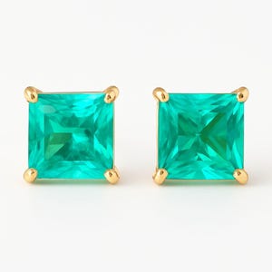 Colombian Emerald Stud Earrings | Ladies Earring Fine Jewelry | Wedding Anniversary Gift | Genuine Lab Emerald Studs Princess Cut Emerald