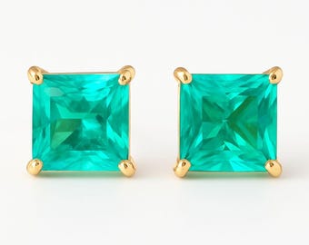 Colombian Emerald Stud Earrings | Ladies Earring Fine Jewelry | Wedding Anniversary Gift | Genuine Lab Emerald Studs Princess Cut Emerald