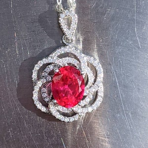 Real Ruby Pendant With Diamond Flower Pigeon Blood Red Ruby Pendant Necklace Oval Cut 2ct  Anniversary Jewelry For Her Christmas Gift