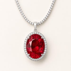 Colar feminino com corrente de rubi vermelho-sangue | Diamante, rubi e coríndon cor sangue | Joia de luxo com rubi para mulheres | Joia para festa noturna, 16 mm, 9,30 ct