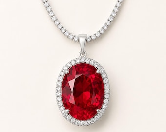 Blood Red Ruby Chain Necklace for Womens | Diamond Ruby Corundum Blood Color | Ruby Luxury Jewelry Women | Evening Party Jewel 16mm 9.30ct