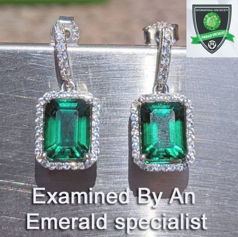 Real Emerald Earrings With Halo For Womens Birthday Gift 9x7mm 2.60ct Emerald Cut hydrothermal Emerald Drop Earrings Sterling Bridal Gift image 1