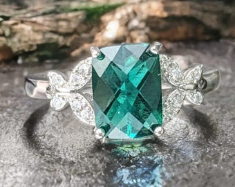 Hydrothermal Emerald Ring: Sterling Silver Paved Band, Birthday Gift