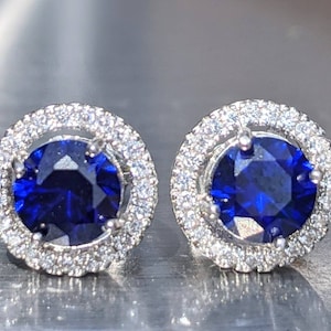 Genuine lab grown Royal Blue sapphire stud earrings Halo 6mm sapphire earrings blue bridal earrings round sapphire earrings cluster earrings