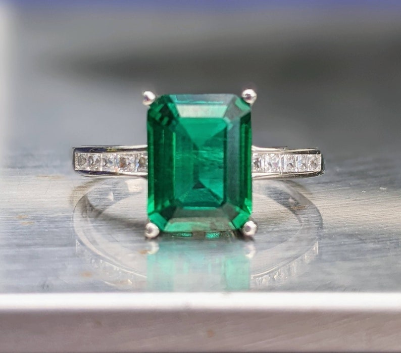 Zambian Emerald Ring 8x6mm 2.60ct Emerald Cut Vintage Dark Emerald Engagement Ring With Paved Band For Women's Birthday Gift Bridal Gift image 2