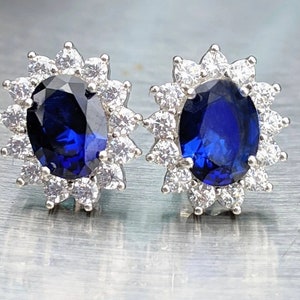 Real Blue Sapphire Stud Earrings With Halo Princess Diana Blue Sapphire 8x6mm oval studs Women Birthday gift Something Blue Bridal Jewelry 画像 5