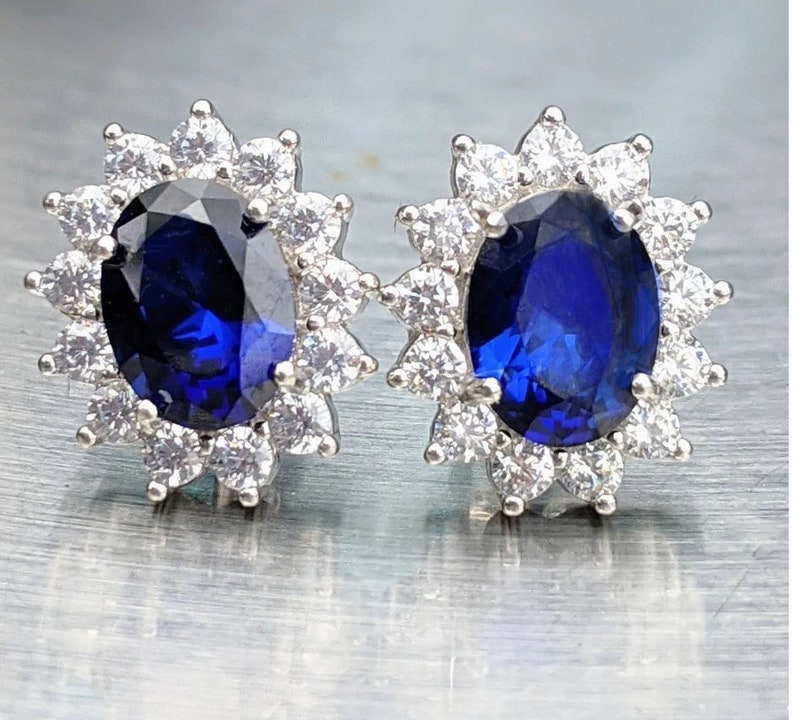 Real Blue Sapphire Stud Earrings With Halo Princess Diana Blue Sapphire 8x6mm oval studs Women Birthday gift Something Blue Bridal Jewelry 画像 5