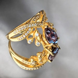 Russian Pulled Alexandrite Ring 14K Gold Statement Piece Teardrop Gem with Diamond Accents Luxurious Color-Changing Jewelry Her Christmas image 5