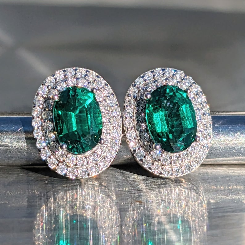 Zambian Emerald Stud Earrings With Double Halo 5x7mm .80ct Oval Cut African Emerald Earring For Her Birthday Gift Valentines Gift May zdjęcie 6