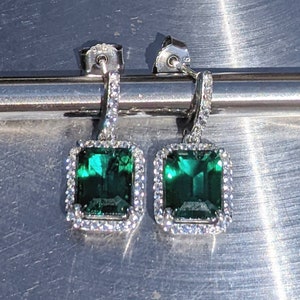 Real Emerald Earrings With Halo For Womens Birthday Gift 9x7mm 2.60ct Emerald Cut hydrothermal Emerald Drop Earrings Sterling Bridal Gift zdjęcie 4