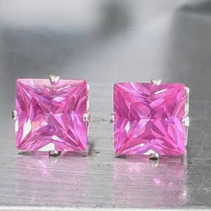 Pendientes de zafiro rosa real. Pendientes de zafiro rosa de 8 mm de plata u oro macizo Regalo de cumpleaños para mujer Joyería de piedras preciosas genuinas de 6 ct imagen 2