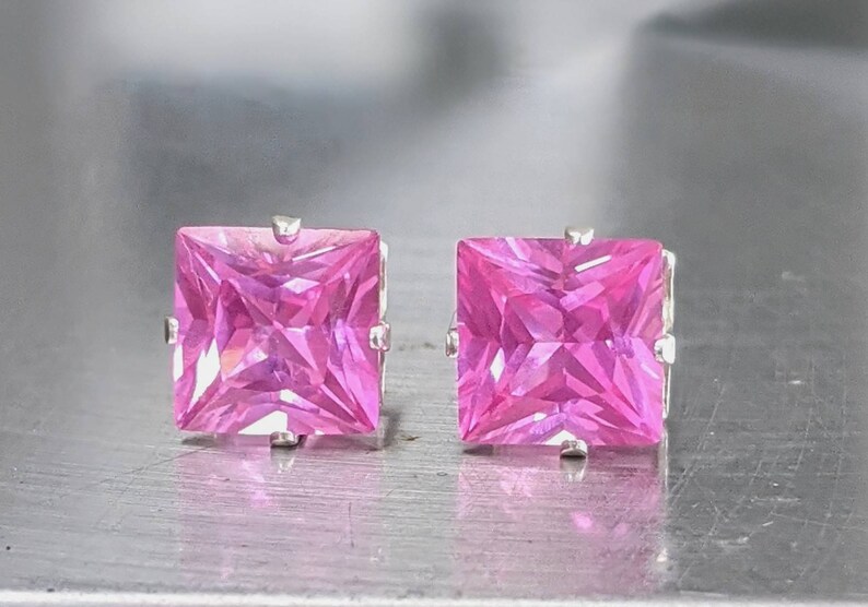 Real Pink Sapphire Stud Earrings. Pink Sapphire Earrings 8mm Silver or solid gold Women's Birthday Gift 6ct Genuine Gemstone Jewelry 画像 2