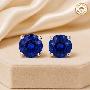 Blue Sapphire Studs, 8mm Round Lab Sapphire Earrings for Men or Women, Sterling Silver or 14K Gold, Birthday or Anniversary Gift