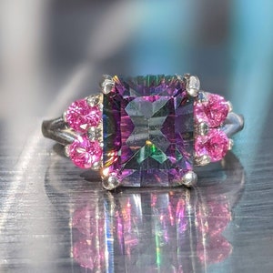 Mystic Topaz Ring With Pink Sapphire Stunning Emerald Cut 14k or Sterling Large Cocktail Ring Natural Gemstone Jewelry For Her Birthday gift 画像 4