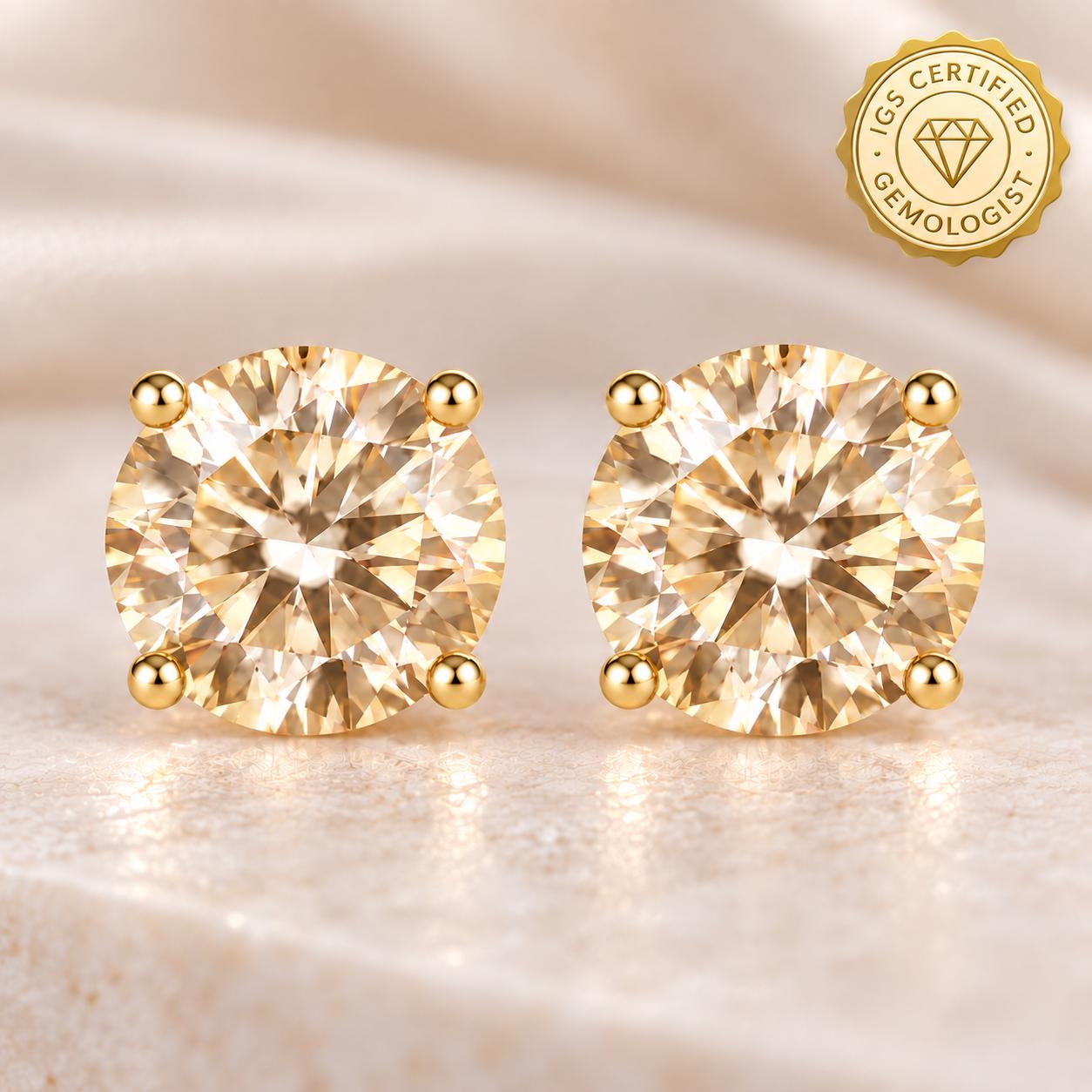 Champagne Moissanite Stud Earrings, 6mm Round Moissanite Earrings, Sterling Silver or 14K Gold, Birthday Anniversary Gift