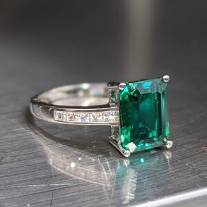 Zambian Emerald Ring 8x6mm 2.60ct Emerald Cut Vintage Dark Emerald Engagement Ring With Paved Band For Women's Birthday Gift Bridal Gift image 4