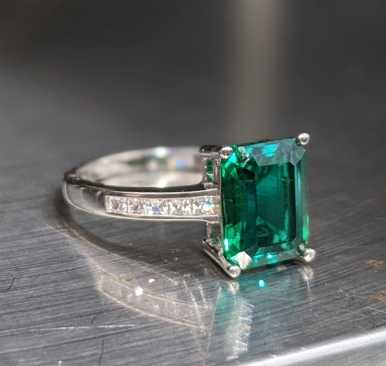 Zambian Emerald Ring 8x6mm 2.60ct Emerald Cut Vintage Dark Emerald Engagement Ring With Paved Band For Women's Birthday Gift Bridal Gift image 4