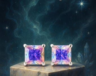 Mystic Topaz Stud Earrings Sterling Silver - Square 5mm 0.80 ct Minimalist earrings - Fast Free Shipping - Gemstone Jewelry -Topaz Jewellery