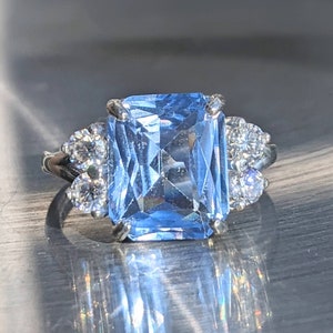 Real Aquamarine 4.80ct Ring With Moissanite Princess Diana Inspired Aquamarine Ring Emerald Cut Sterling Or Solid Gold For Her Anniversary image 4