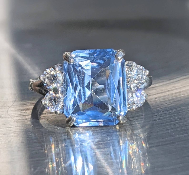 Real Aquamarine 4.80ct Ring With Moissanite Princess Diana Inspired Aquamarine Ring Emerald Cut Sterling Or Solid Gold For Her Anniversary image 4