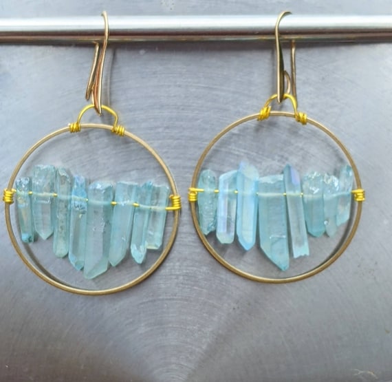 Gold Hoop Earrings: Blue Aura Quartz Crystal Chandelier Earrings