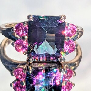 Mystic Topaz Ring With Pink Sapphire Stunning Emerald Cut 14k or Sterling Large Cocktail Ring Natural Gemstone Jewelry For Her Birthday gift zdjęcie 10