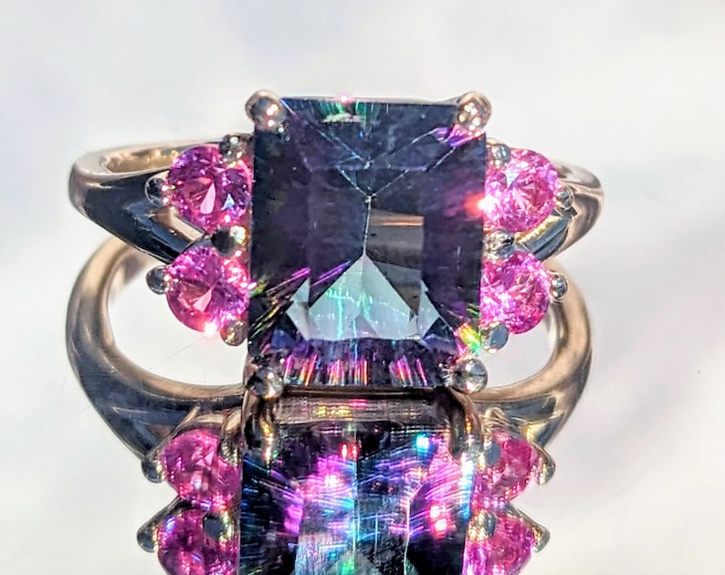 Mystic Topaz Ring met roze saffier Prachtige Emerald Cut 14k of Sterling Grote Cocktail Ring Natuurlijke Edelsteen Sieraden voor haar verjaardagscadeau afbeelding 10