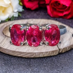 Three Stone Bermuda Ruby Ring - Oval Cut 7x5mm, 0.76ct Each Stone, Genuine Gemstone, Handcrafted Engagement Ring Gift for Her Christmas Gift