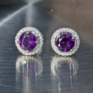 Natural Dark AAA African Amethyst Stud Earrings With Halo Solid 14k February birthstone 6mm Stud Earrings Amethyst Earrings Naturally Mined image 4