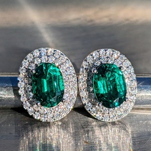 Zambian Emerald Stud Earrings With Double Halo 5x7mm .80ct Oval Cut African Emerald Earring For Her Birthday Gift Valentines Gift May image 5