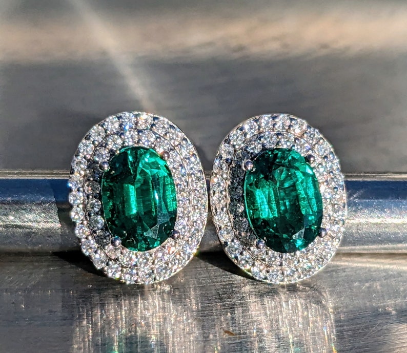 Zambian Emerald Stud Earrings With Double Halo 5x7mm .80ct Oval Cut African Emerald Earring For Her Birthday Gift Valentines Gift May zdjęcie 5